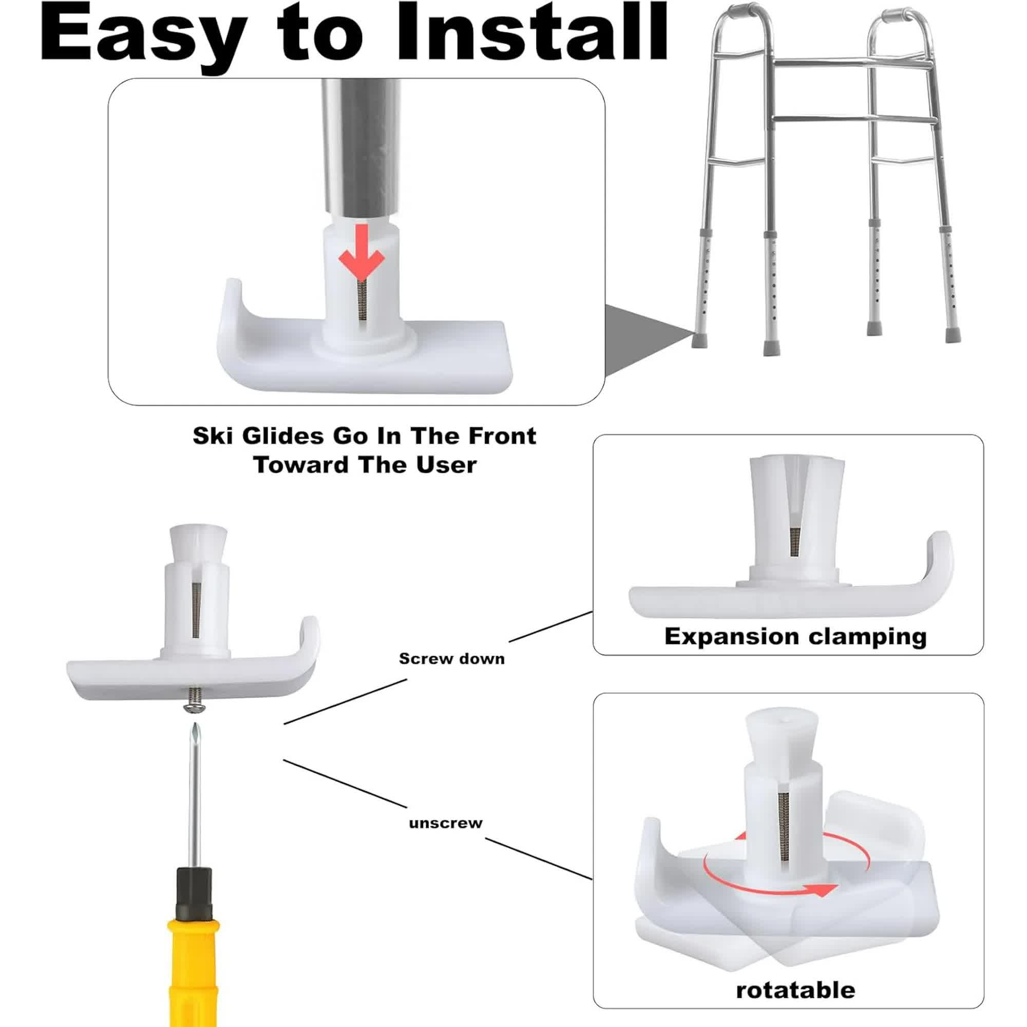 Walker Ski Glides, Universal Fit Walker Glides Mobility Accessory for Seniors, Walker Accessories for Safety and Stability, White, 4 Pack - Image 2