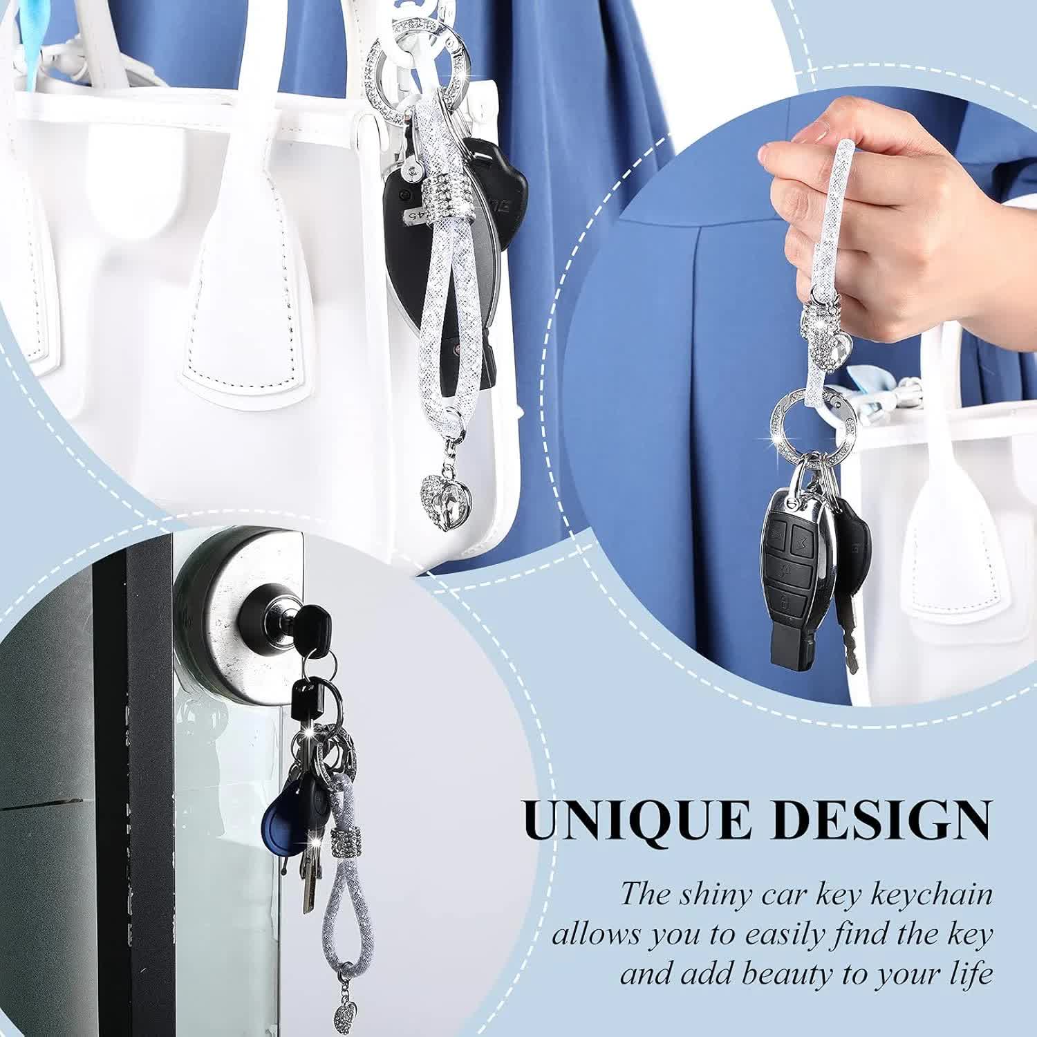 Crystal Bling Car Keychain for Women Glitter Rhinestone Keychain Ring Strap Keychain Accessories Car Key Decorations(Silver) - Image 2