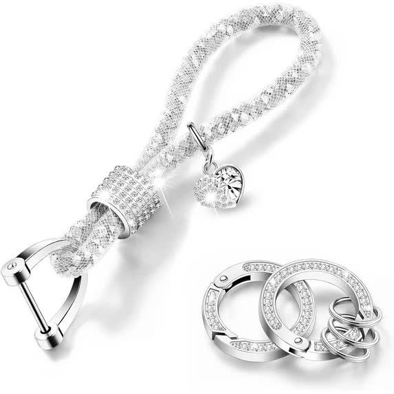 Crystal Bling Car Keychain for Women Glitter Rhinestone Keychain Ring Strap Keychain Accessories Car Key Decorations(Silver) - Image 3