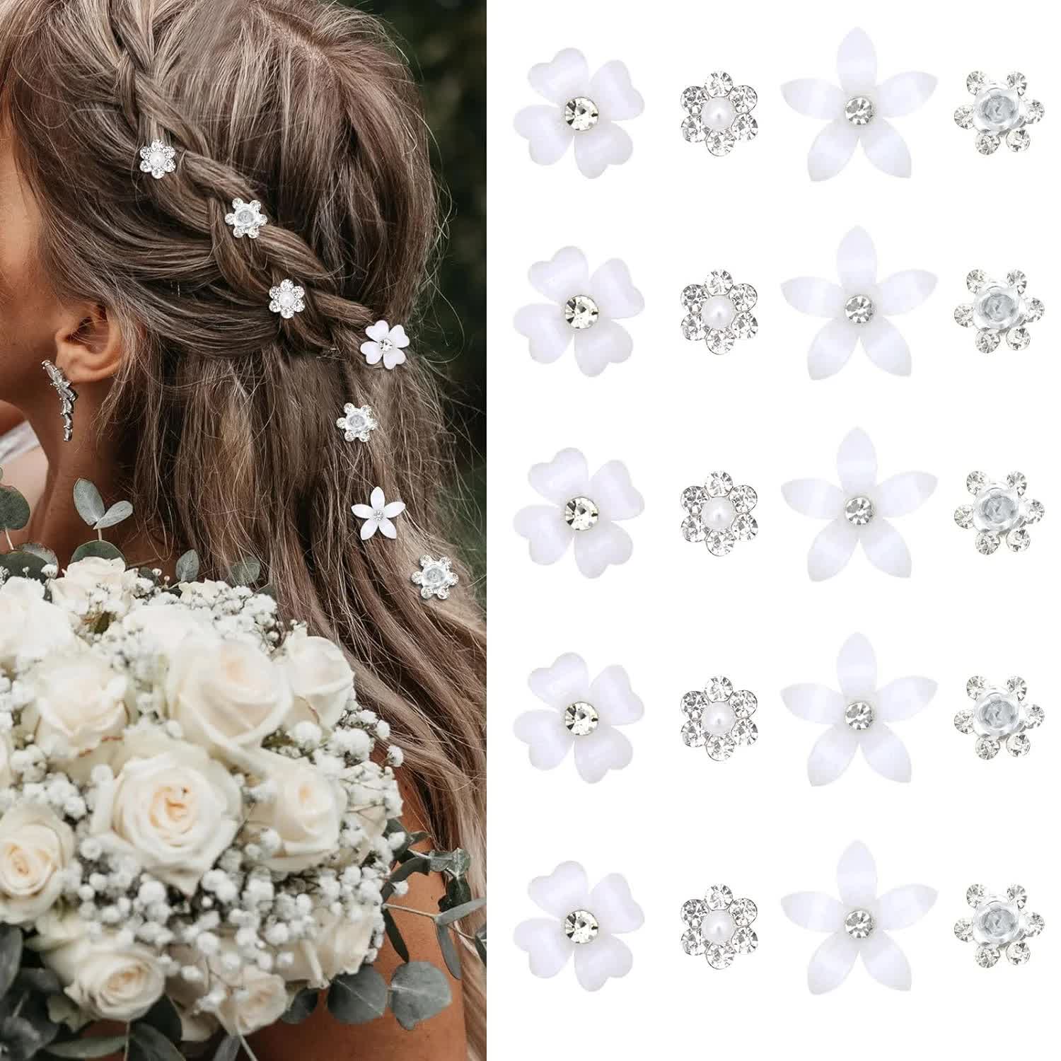Mini Rhinestone Hair Pins - 20Pcs Cute Small Decorative Wedding & Bridal Barrettes With Flowers for Girls & Women (4 Flower Patterns) - Image 1
