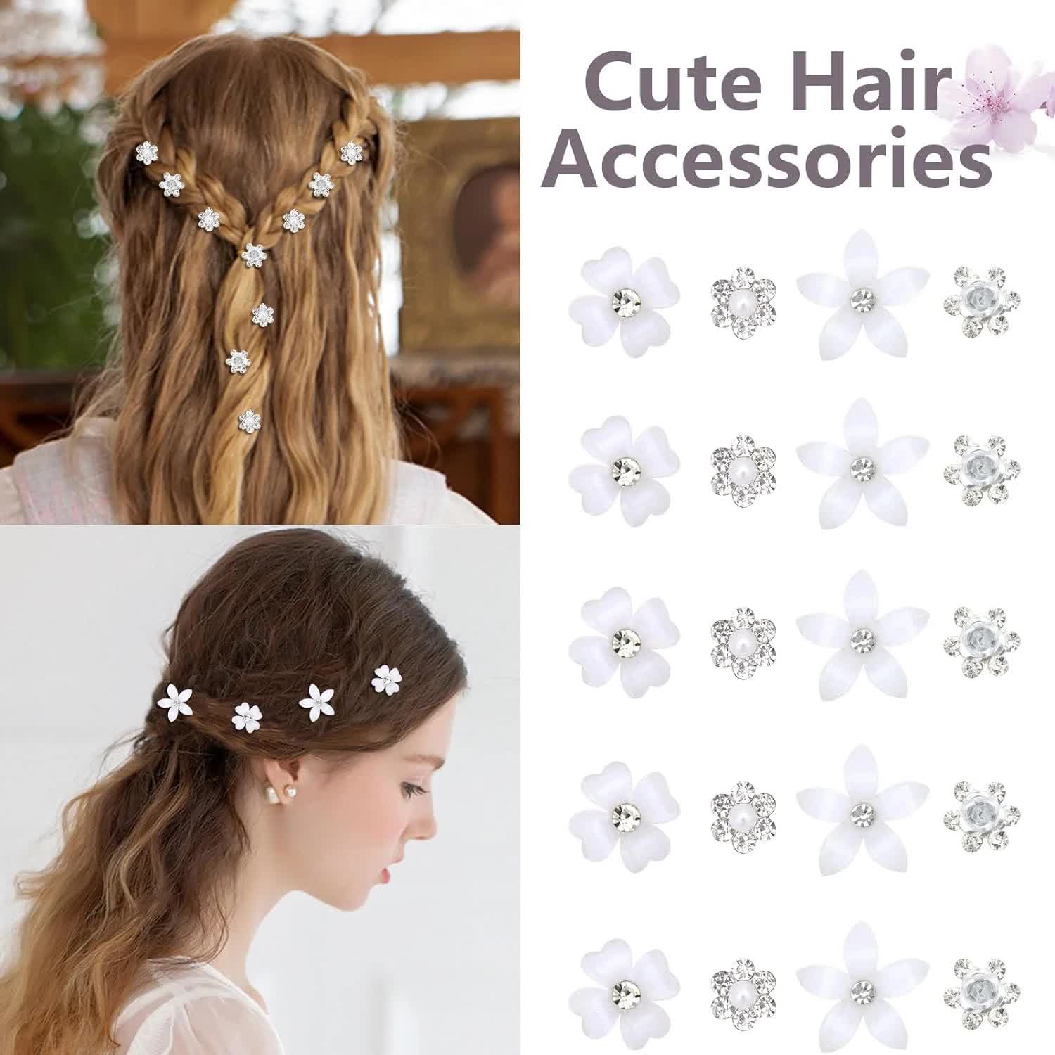 Mini Rhinestone Hair Pins - 20Pcs Cute Small Decorative Wedding & Bridal Barrettes With Flowers for Girls & Women (4 Flower Patterns) - Image 3