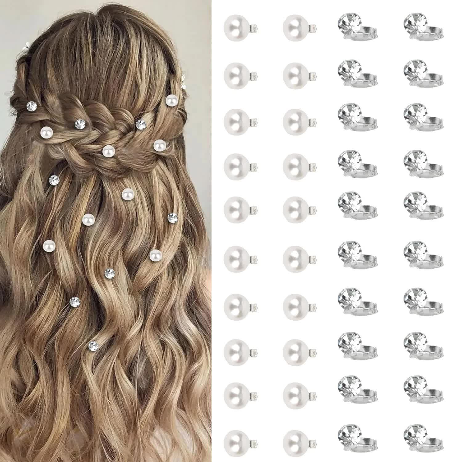 40 Pcs Mini Rhinestone Hair Clips Tiny Pearl Hair Clips Decorative Hair Clips Sparkly Crystal Hair Pins Silver White Hair Clips Wedding Bridal Hair Accessories for Girls Women - Image 1