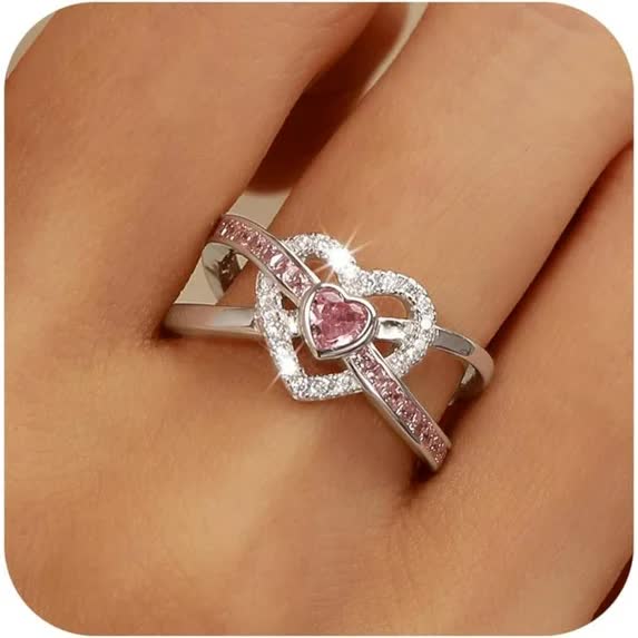 Dainty Infinity Heart Promise Ring for Women 925 Sterling Silver Pink Love CZ Birthstone Cute Ring for Wife Eternity Wedding Engagement Band Rings Jewelry Birthday Gift to Daughter Mother - Image 1