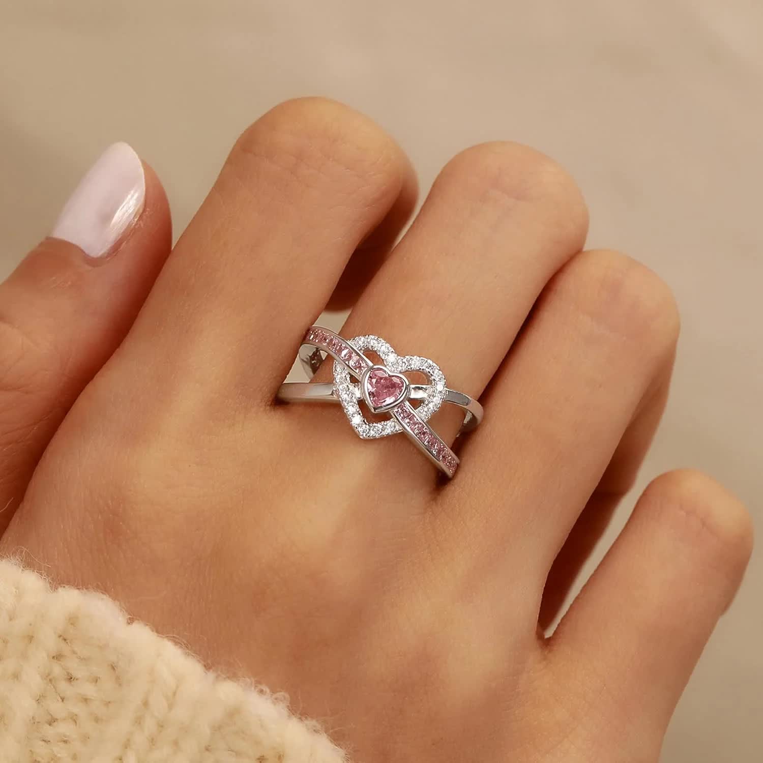 Dainty Infinity Heart Promise Ring for Women 925 Sterling Silver Pink Love CZ Birthstone Cute Ring for Wife Eternity Wedding Engagement Band Rings Jewelry Birthday Gift to Daughter Mother - Image 3
