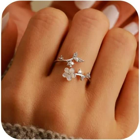 925 Sterling Silver Dainty Camellia Leaf CZs Ring for Women 14K Gold Plated Adjustable Leaves Leaf Laurel Ring to Daughter Mom White Shell Elegant Floral Crystal Finger Rings Wedding Birthday Jewelry - Image 1