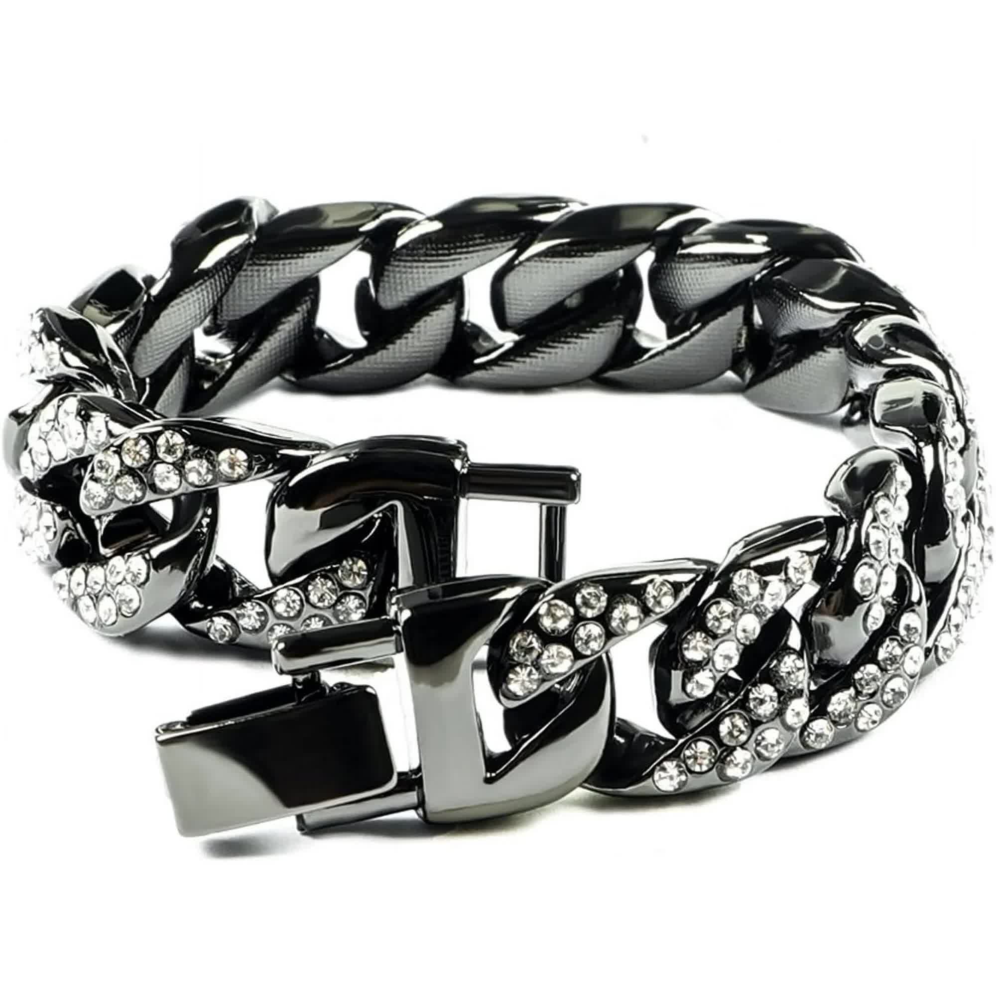 Mens Womens Cuban Link Bracelet Hip Hop Bracelet Gold Chain Bracelet Iced Out Curb Cuban 18k Gold Plated Bracelet With Clear Rhinestones (A-T-Black-8.74in) - Image 1