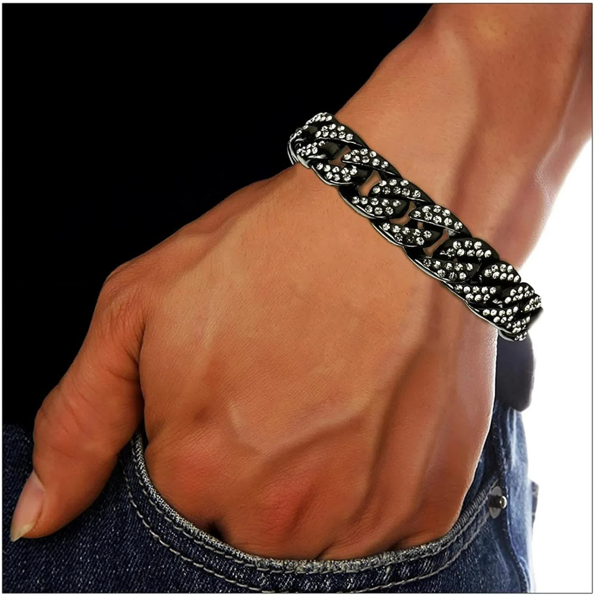 Mens Womens Cuban Link Bracelet Hip Hop Bracelet Gold Chain Bracelet Iced Out Curb Cuban 18k Gold Plated Bracelet With Clear Rhinestones (A-T-Black-8.74in) - Image 2