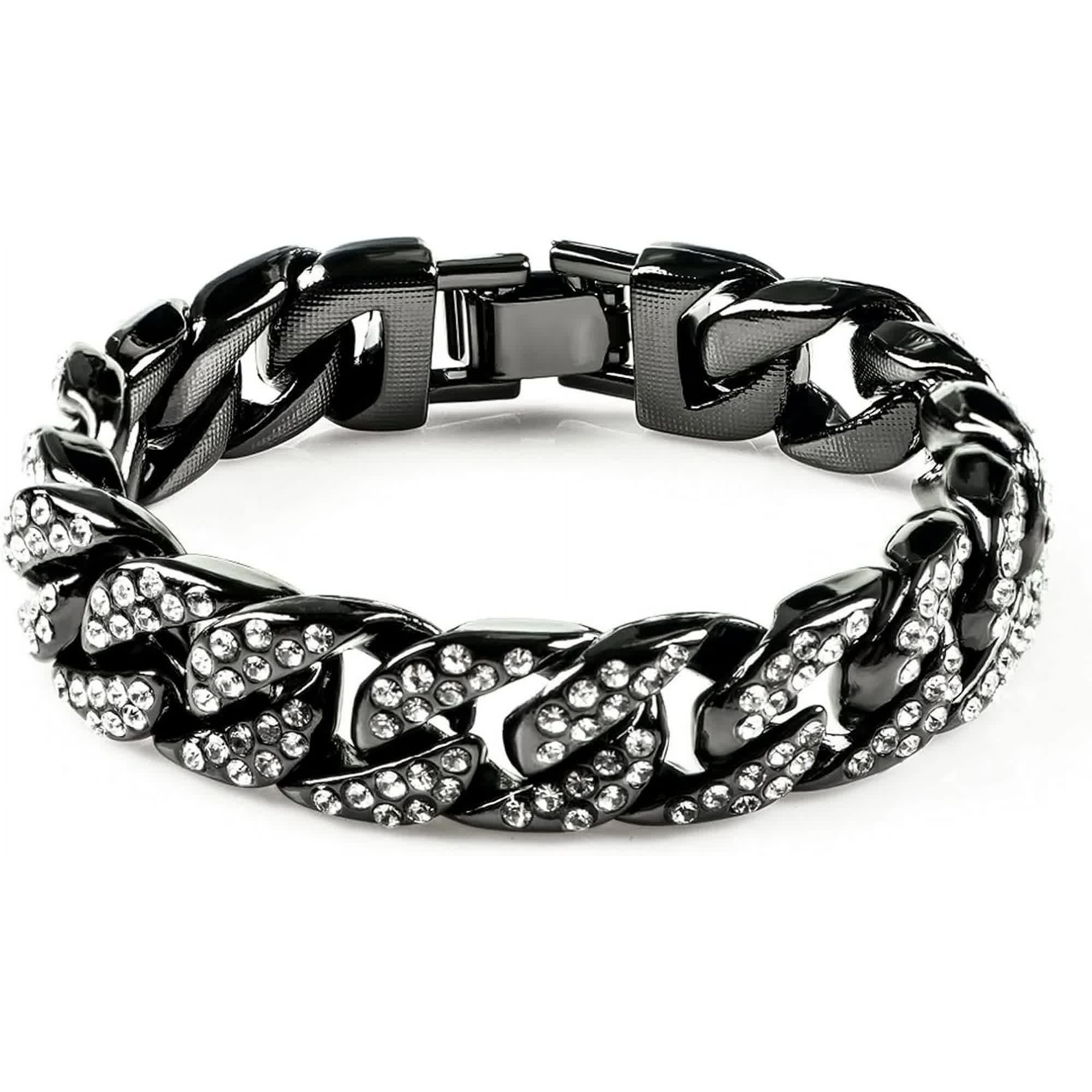 Mens Womens Cuban Link Bracelet Hip Hop Bracelet Gold Chain Bracelet Iced Out Curb Cuban 18k Gold Plated Bracelet With Clear Rhinestones (A-T-Black-8.74in) - Image 3