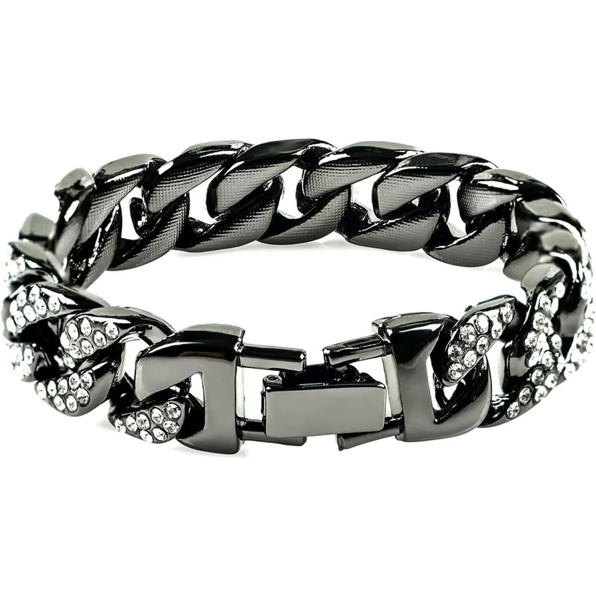 Mens Womens Cuban Link Bracelet Hip Hop Bracelet Gold Chain Bracelet Iced Out Curb Cuban 18k Gold Plated Bracelet With Clear Rhinestones (A-T-Black-8.74in) - Image 4