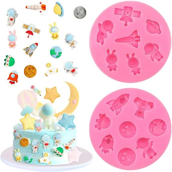 2 Pcs Astronaut Rocket Planet Fondant Silicone Molds Space-Themed Chocolate Candy Epoxy Resin Mold Cute Soap Kitchen Baking Tools for Sugarcraft Cake Decorating - Image 1