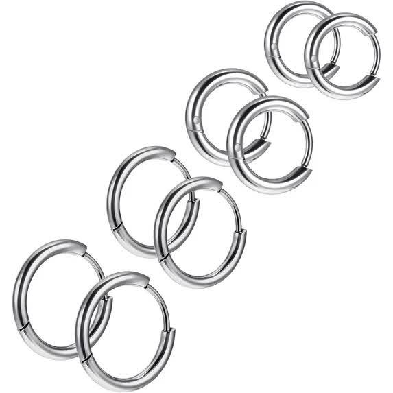 4 Pairs Stainless Steel Huggie Hoop Earrings Silver Small Hoop Earring For Women Men Mini 8mm 10mm 12mm 14mm Cartilage Helix Lobes Hinged Sleeper Earrings For Multiple Piercings - Image 1