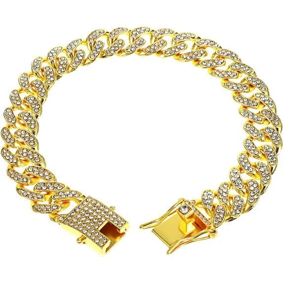 Chain Collar for Dog Diamond Cuban Link Dog Collar 13mm Wide Pet Cuban Style Collar Metal Cat Chain Pet Crystal Collar Jewelry Accessories for Small Medium Large Dogs Cats (10 Inch, Gold) - Image 1