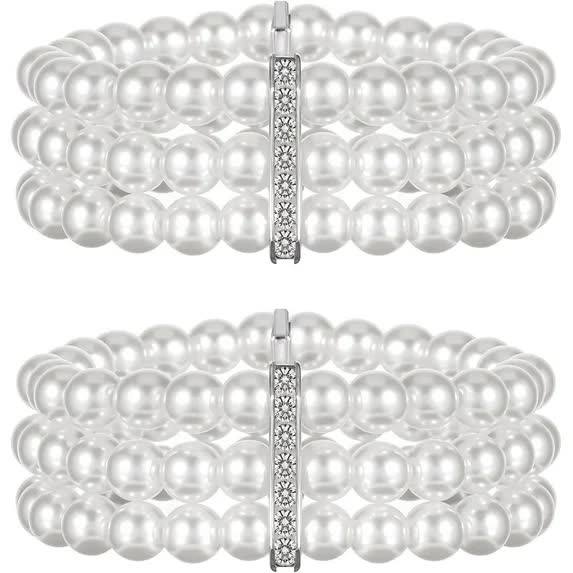Pearl Cuff Bracelet 2pcs 1920s Imitation Pearl Bracelet Multi-Layered Elastic Bangle 3 Rows Faux Pearls Accent Off White Stretch Wrist Bracelet Vintage Pearl Bracelets For Women Bridal Wedding Jewelry - Image 1