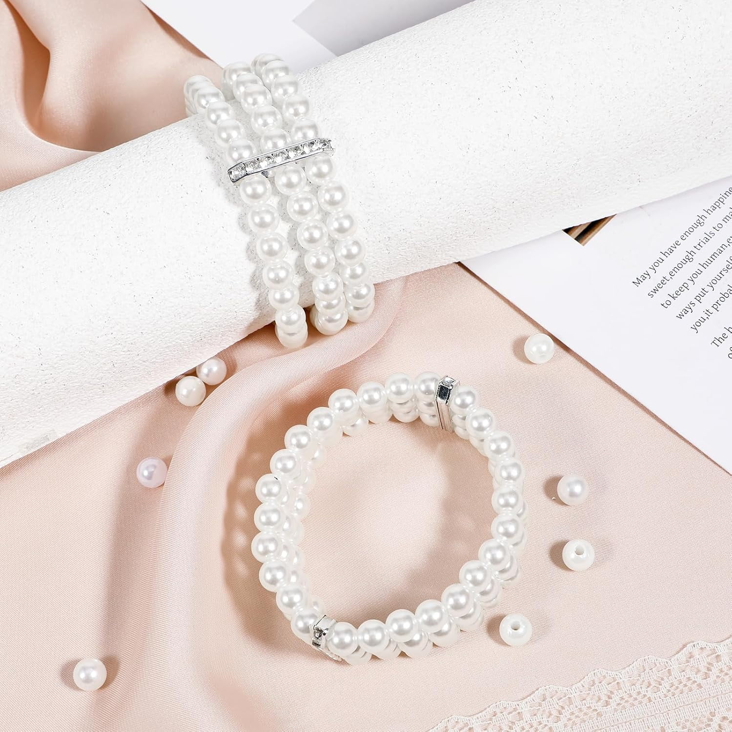 Pearl Cuff Bracelet 2pcs 1920s Imitation Pearl Bracelet Multi-Layered Elastic Bangle 3 Rows Faux Pearls Accent Off White Stretch Wrist Bracelet Vintage Pearl Bracelets For Women Bridal Wedding Jewelry - Image 3