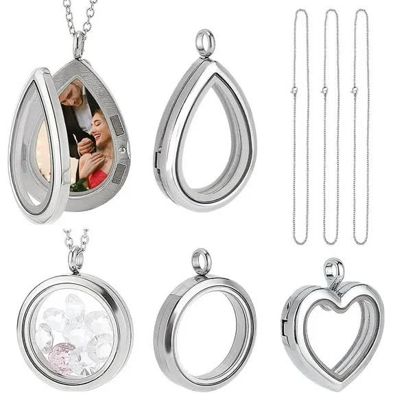 3 Styles Locket Pendant Necklace 304 Stainless Steel Memory Floating Charms Round Memory Necklace Teardrop Heart Pendant Buckle Closure for Women Friendship Necklace Memory Nostalgic - Image 1