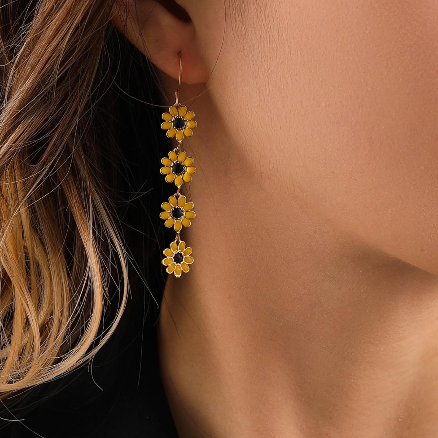 Boho Flower Dangle Earrings for Women,Chic White Yellow Drop Flower Statement Earrings Tropical Beach Jewelry - Image 2
