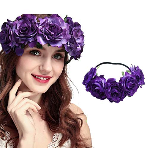Rose Floral Headpiece - Fake Flower Crown, Headband for Women, Girls, Hair Accessory, and Pet Wreath (Purple) - Image 2