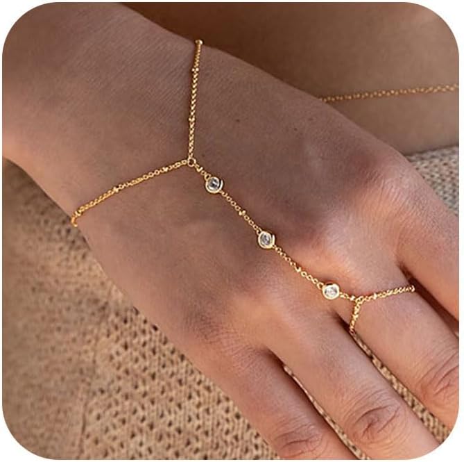 Hand Chain Bracelet 14K Plated Gold Bracelet Stack Finger Ring for Women Adjustable Rhinestone Ring Bracelet Hand Chain for Women Trendy Jewelry Non Tarnish Gold Ring Hand Bracelet Gold - Image 1