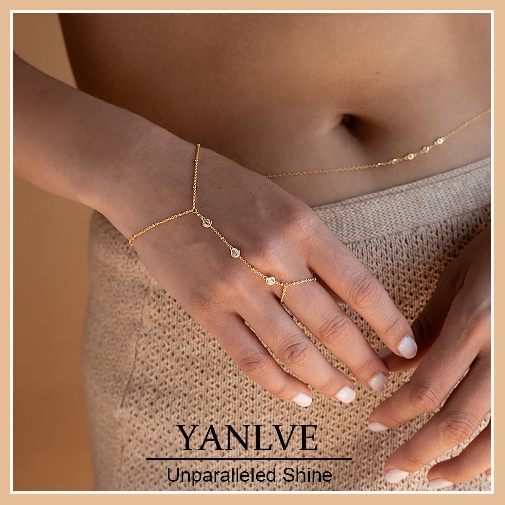 Hand Chain Bracelet 14K Plated Gold Bracelet Stack Finger Ring for Women Adjustable Rhinestone Ring Bracelet Hand Chain for Women Trendy Jewelry Non Tarnish Gold Ring Hand Bracelet Gold - Image 2