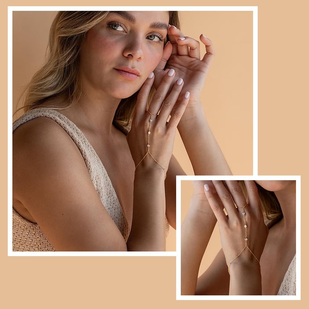 Hand Chain Bracelet 14K Plated Gold Bracelet Stack Finger Ring for Women Adjustable Rhinestone Ring Bracelet Hand Chain for Women Trendy Jewelry Non Tarnish Gold Ring Hand Bracelet Gold - Image 4
