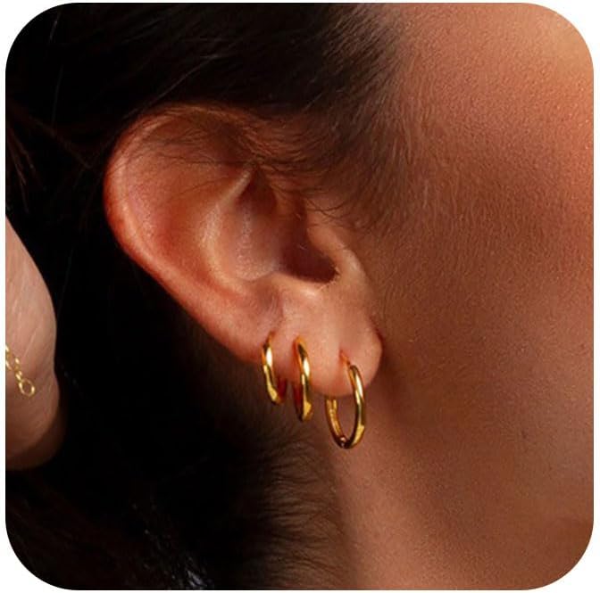 Small Gold Hoop Earrings Set of 3 - Plated 14K Real Gold Hoops for Women - Hypoallergenic, Mini, Non-Tarnish, Stack, Cartilage Hoops Gold - Image 1