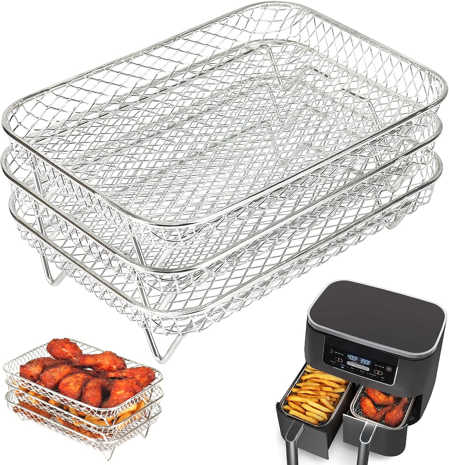 Air Fryer Rack for Ninja Dual Airfryer, 3pcs Stackable Stainless Steel Dehydrator Rack, Rectangle Double Air Fryer Accessories, Ninja Dual Airfryer Accessories - Image 1