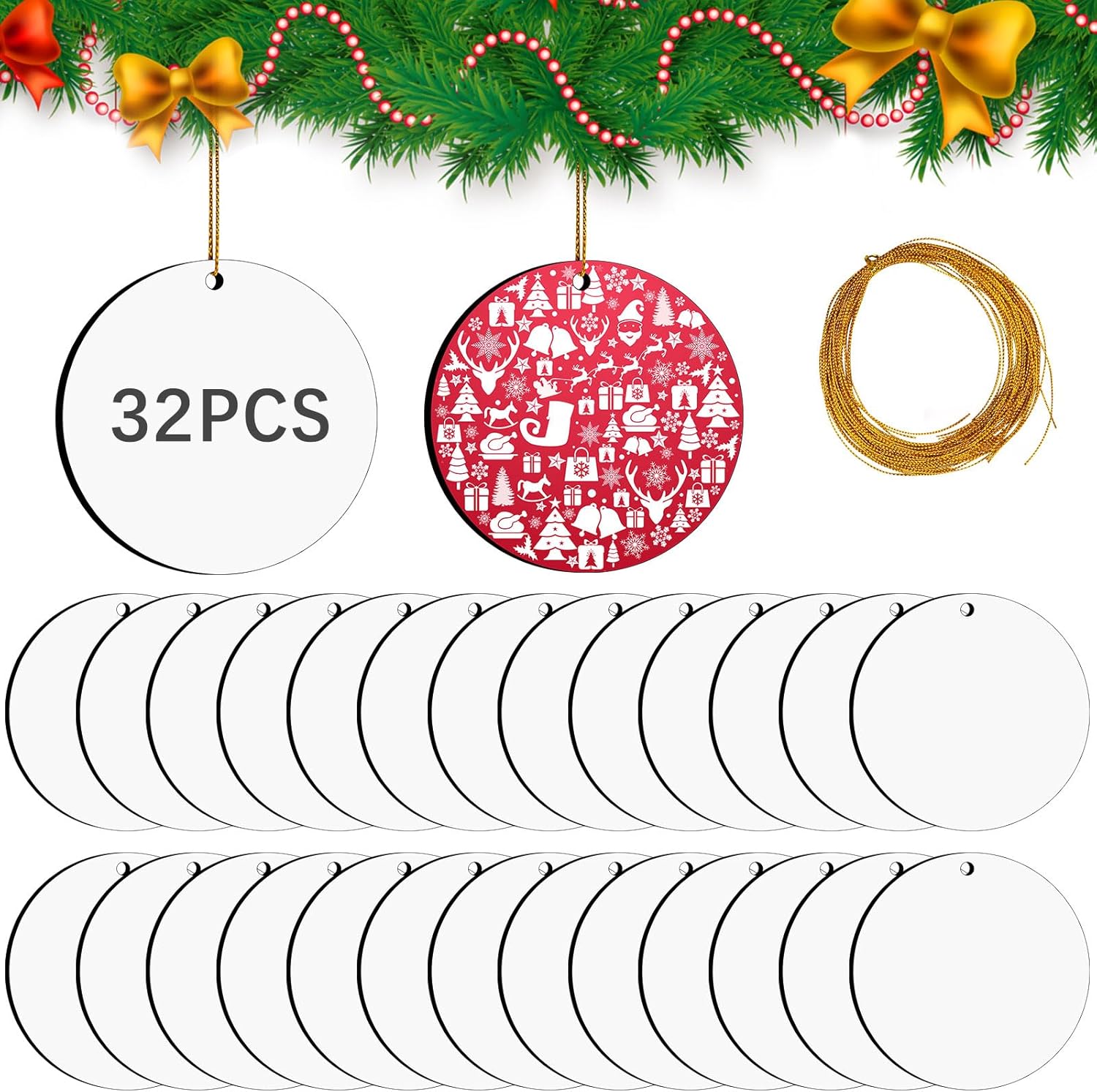 32 Pcs Round Sublimation Ornament Blanks, MDF Double Sided Sublimation Christmas Ornaments Blanks for Christmas Tree Decor DIY Crafts - Image 1