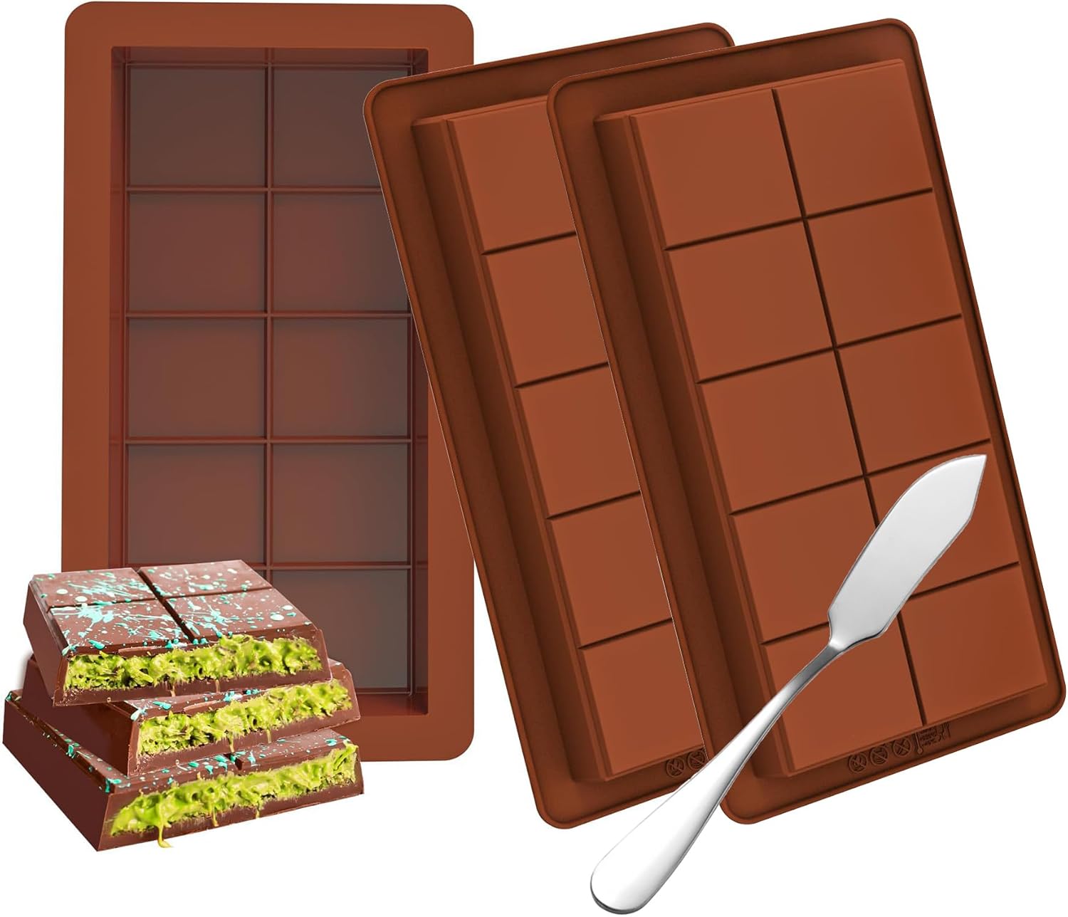 3 PCS Silicone Chocolate Bar Molds with 1 spatula,3/4 Inch Thick Non-Stick Chocolate Mold，Large Deep Cavity Chocolat Silicone Mold for Stuffed Chocolate Bars Knafeh Pistachio Chocolat - Image 1