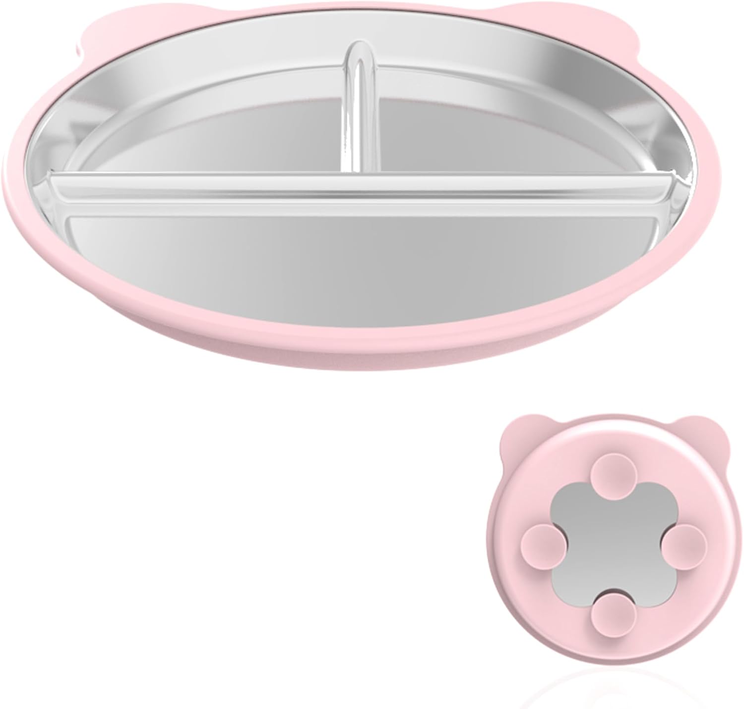 Silicone Stainless Steel Dinner Plate, 9-Inch Portion Control Plate, Balanced Lunch for Weight Loss and Diabetic Diets, Camping Metal Divider Plate (Round Pink) - Image 1