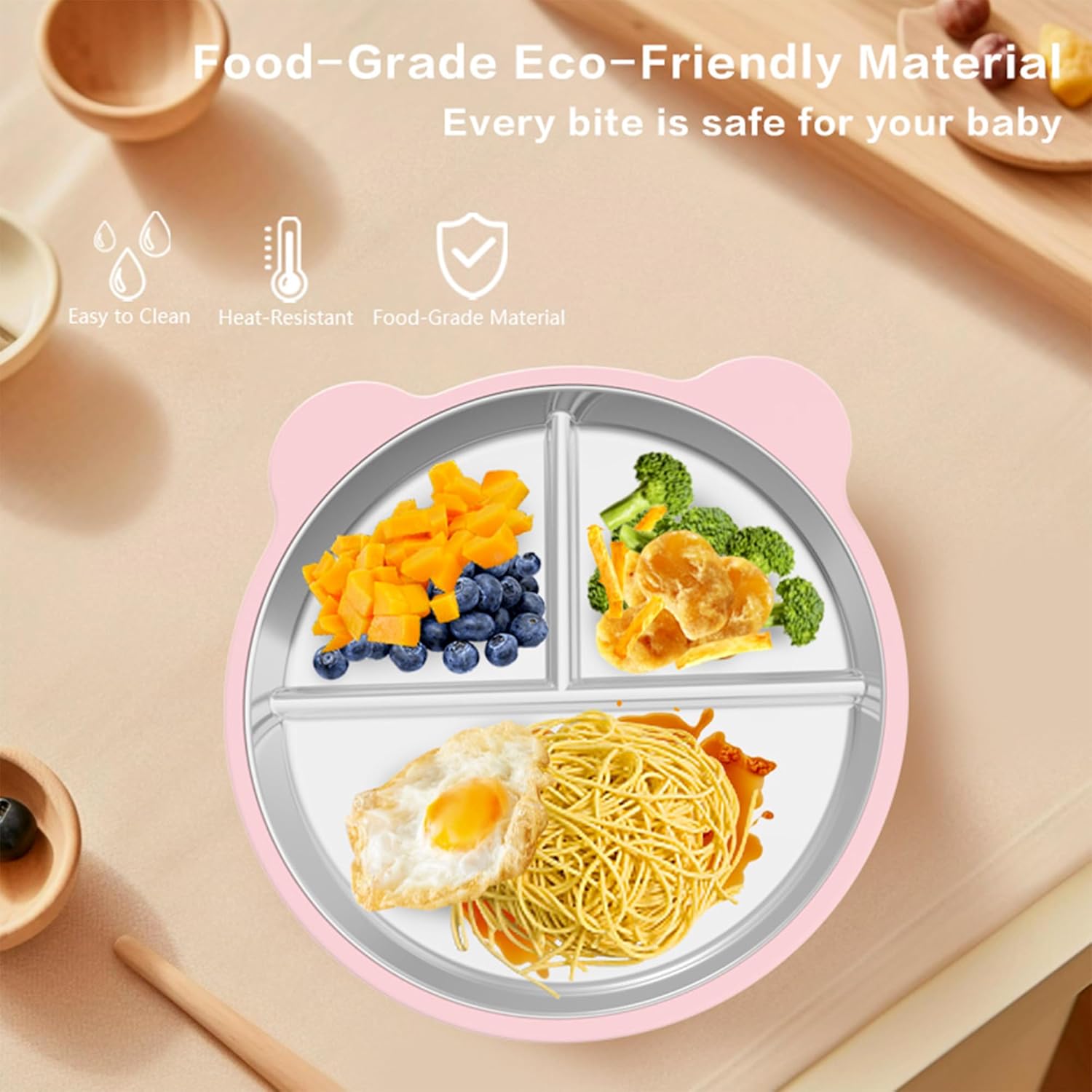 Silicone Stainless Steel Dinner Plate, 9-Inch Portion Control Plate, Balanced Lunch for Weight Loss and Diabetic Diets, Camping Metal Divider Plate (Round Pink) - Image 2