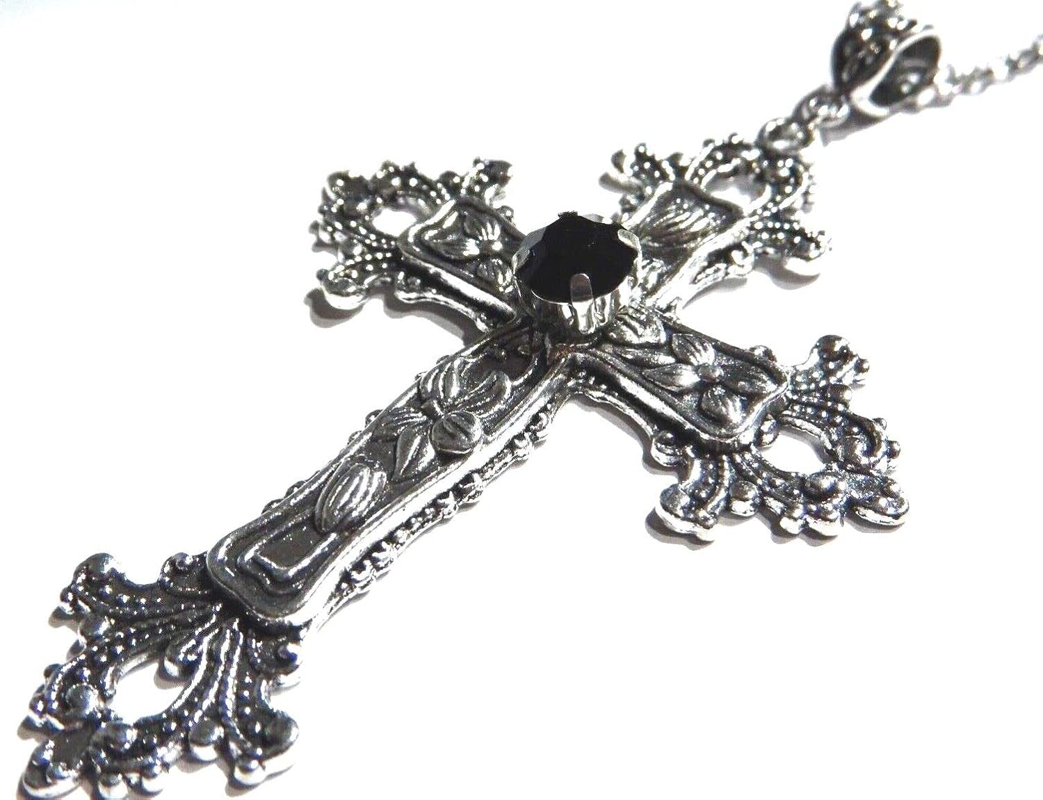 Large Gothic Cross Necklace silver-tone pendant with glass stone, on 24