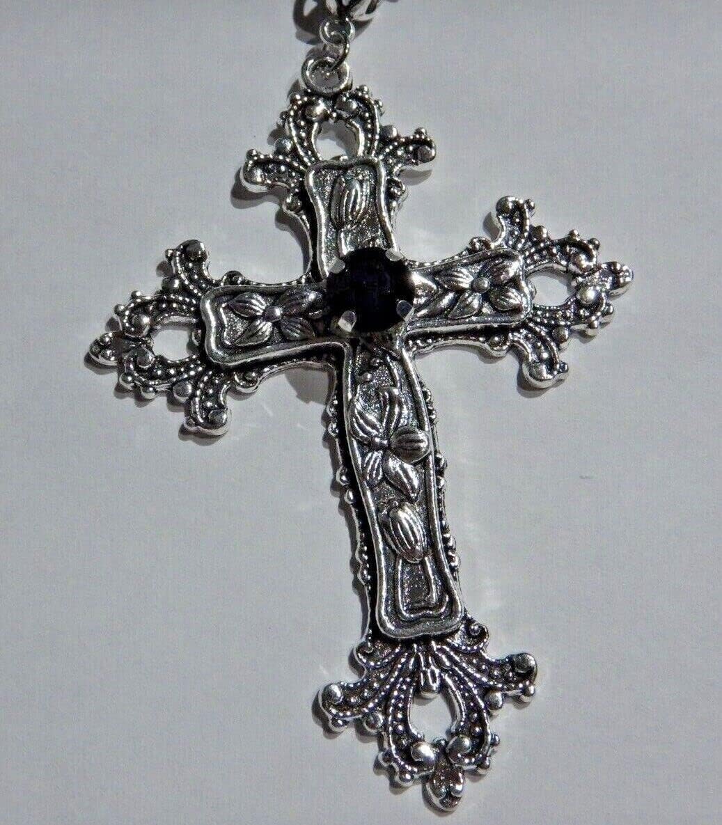Large Gothic Cross Necklace silver-tone pendant with glass stone, on 24