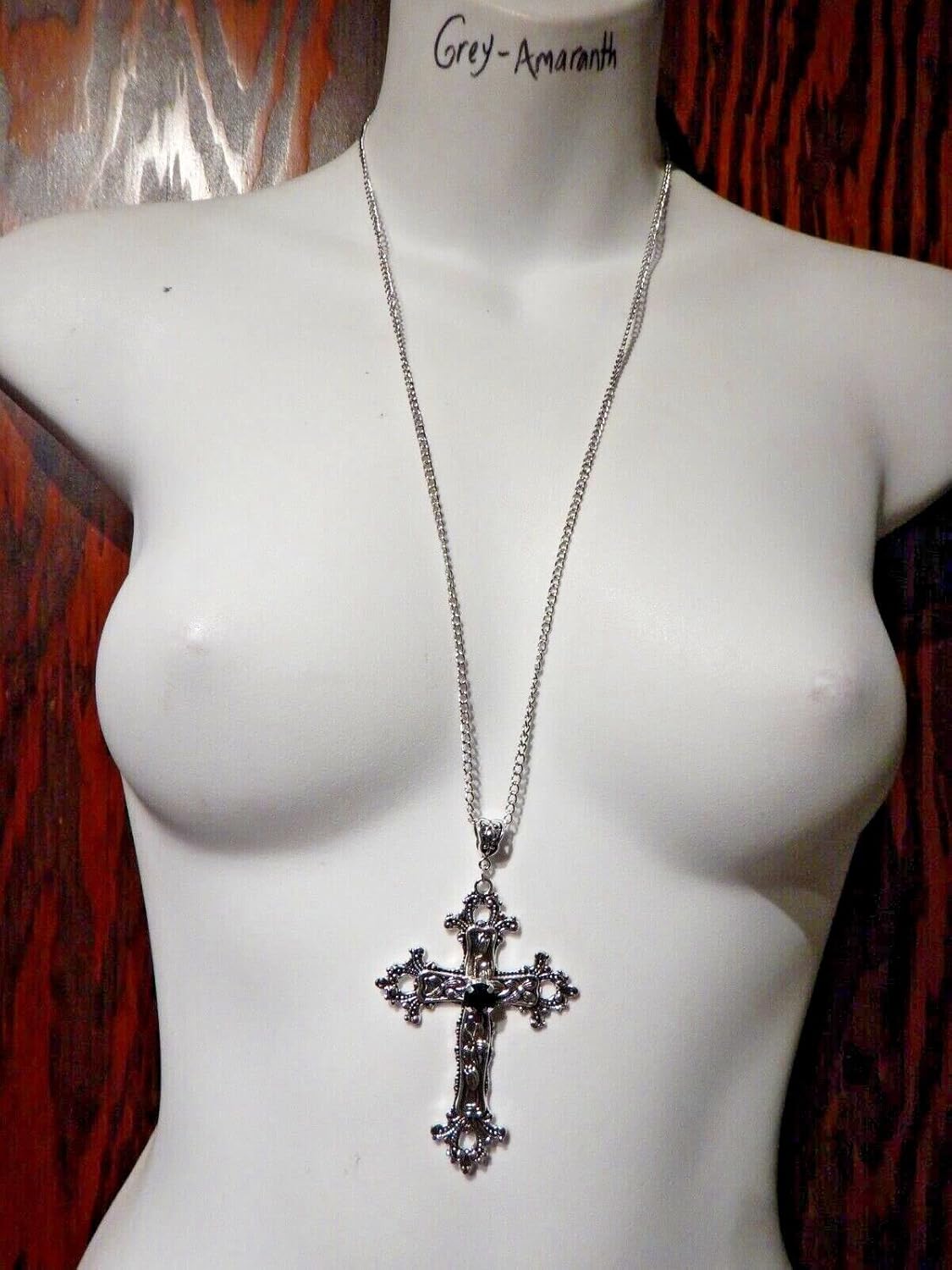 Large Gothic Cross Necklace silver-tone pendant with glass stone, on 24