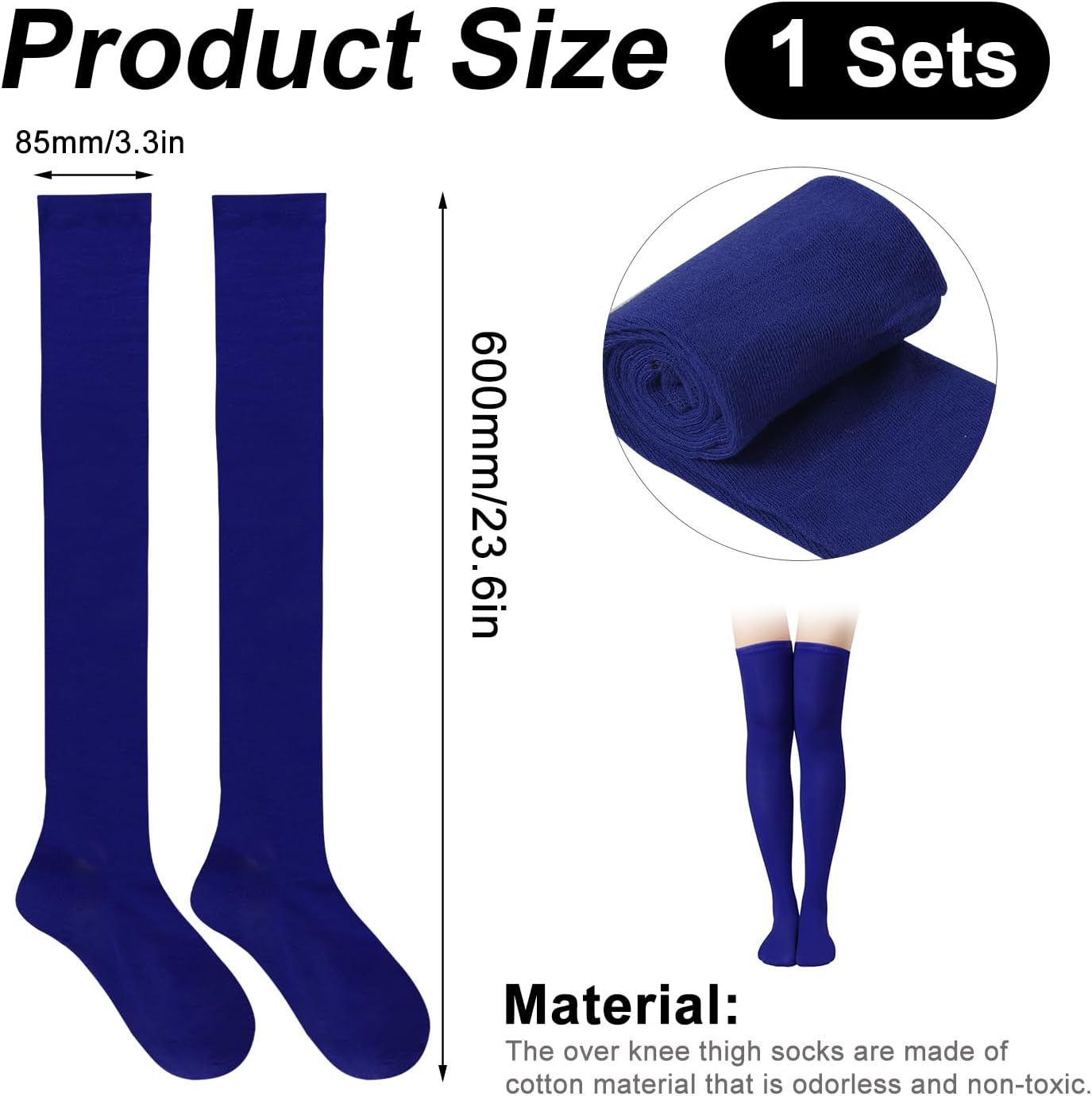 1 Pair Thigh High Socks, Cotton Soft Knee High Long Stockings Leg Warmers for Women Girls Christmas Cosplay (Royal Blue), 23.6inch - Image 3