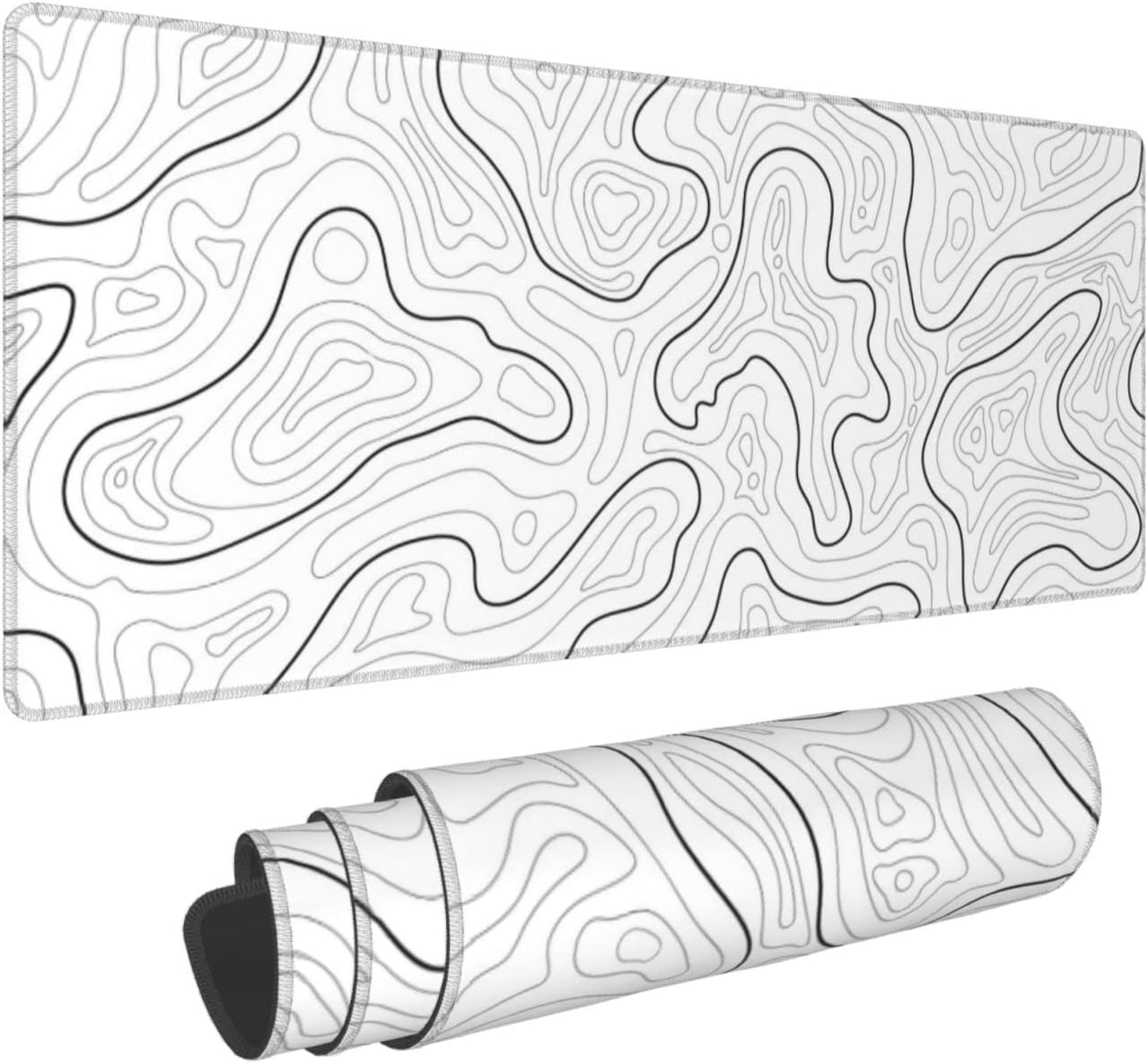 Abstract Topographic Map White Grey Black Gaming Mouse Pad Long Mouse Pad Large Desk Mat 31.5 X 11.8 Inch Mousepad with Non-Slip Base Stitched Edge Keyboard Mat for Gaming Office  Light Grey White - Image 1
