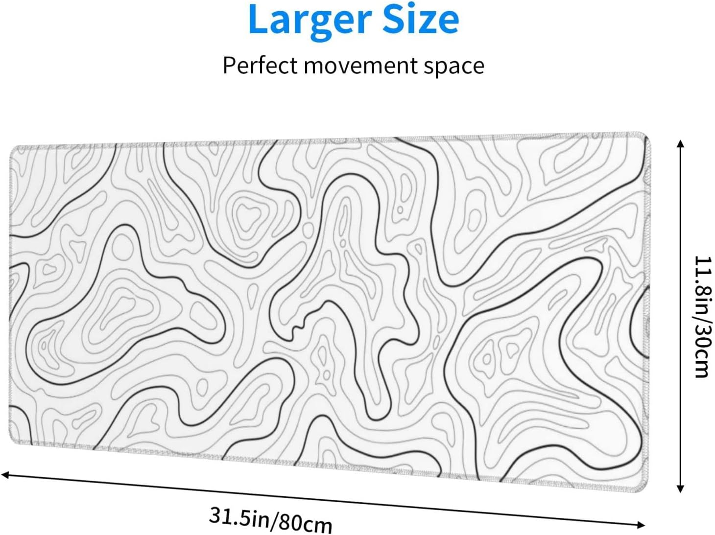 Abstract Topographic Map White Grey Black Gaming Mouse Pad Long Mouse Pad Large Desk Mat 31.5 X 11.8 Inch Mousepad with Non-Slip Base Stitched Edge Keyboard Mat for Gaming Office  Light Grey White - Image 2