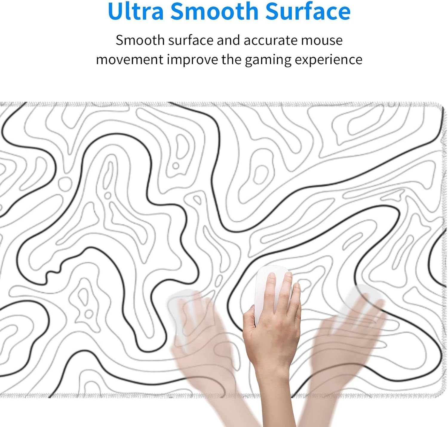 Abstract Topographic Map White Grey Black Gaming Mouse Pad Long Mouse Pad Large Desk Mat 31.5 X 11.8 Inch Mousepad with Non-Slip Base Stitched Edge Keyboard Mat for Gaming Office  Light Grey White - Image 3