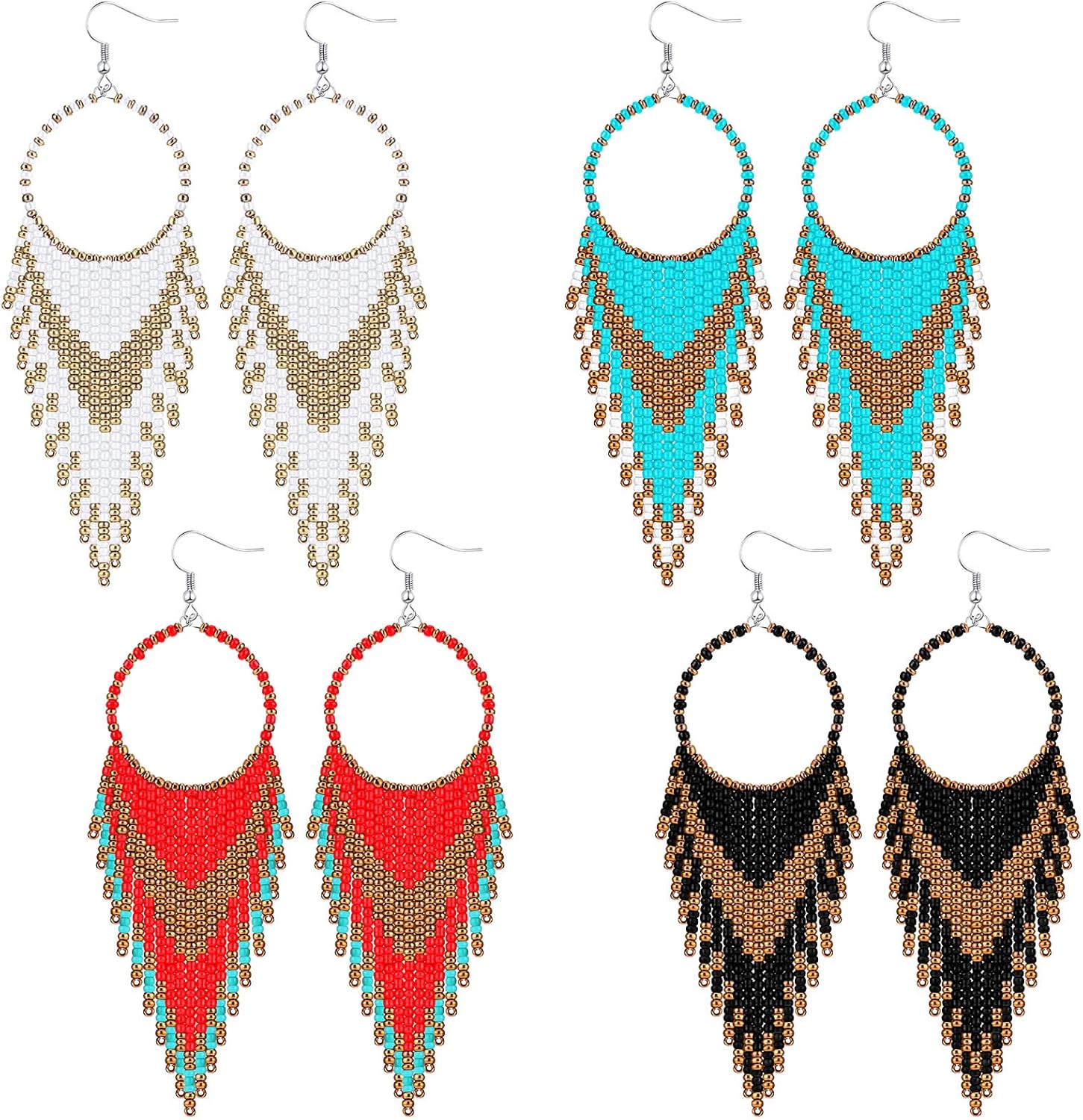 4 Pcs Long Beaded Tassel Earrings Bohemia Colorful Native Handmade Statement Fringe Drop Earrings Boho Dangle Tassel Earrings for Women(Elegant Color) - Image 1