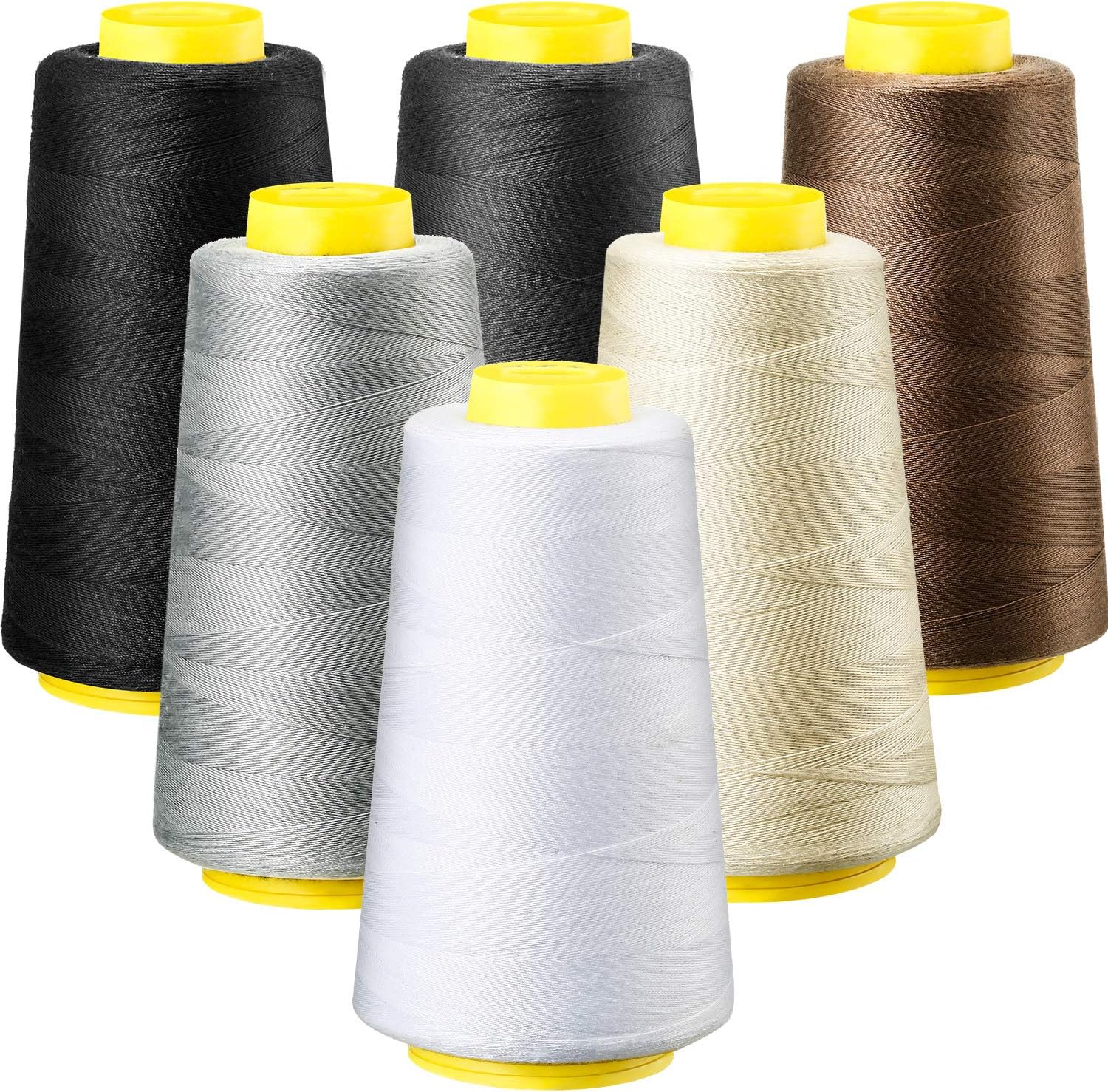 6 Rolls 3000 Yard Each Serger Thread Polyester Cones Spool Thread for Sewing Serger Overlock Quilting Sewing Machine (Black, White, Beige, Grey, Dark Grey, Coffee)  Black, White, Beige, Grey, - Image 1
