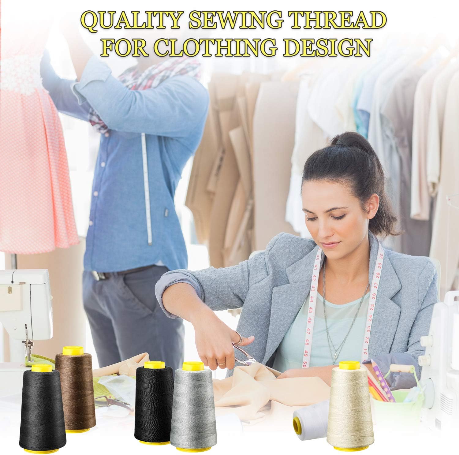 6 Rolls 3000 Yard Each Serger Thread Polyester Cones Spool Thread for Sewing Serger Overlock Quilting Sewing Machine (Black, White, Beige, Grey, Dark Grey, Coffee)  Black, White, Beige, Grey, - Image 3