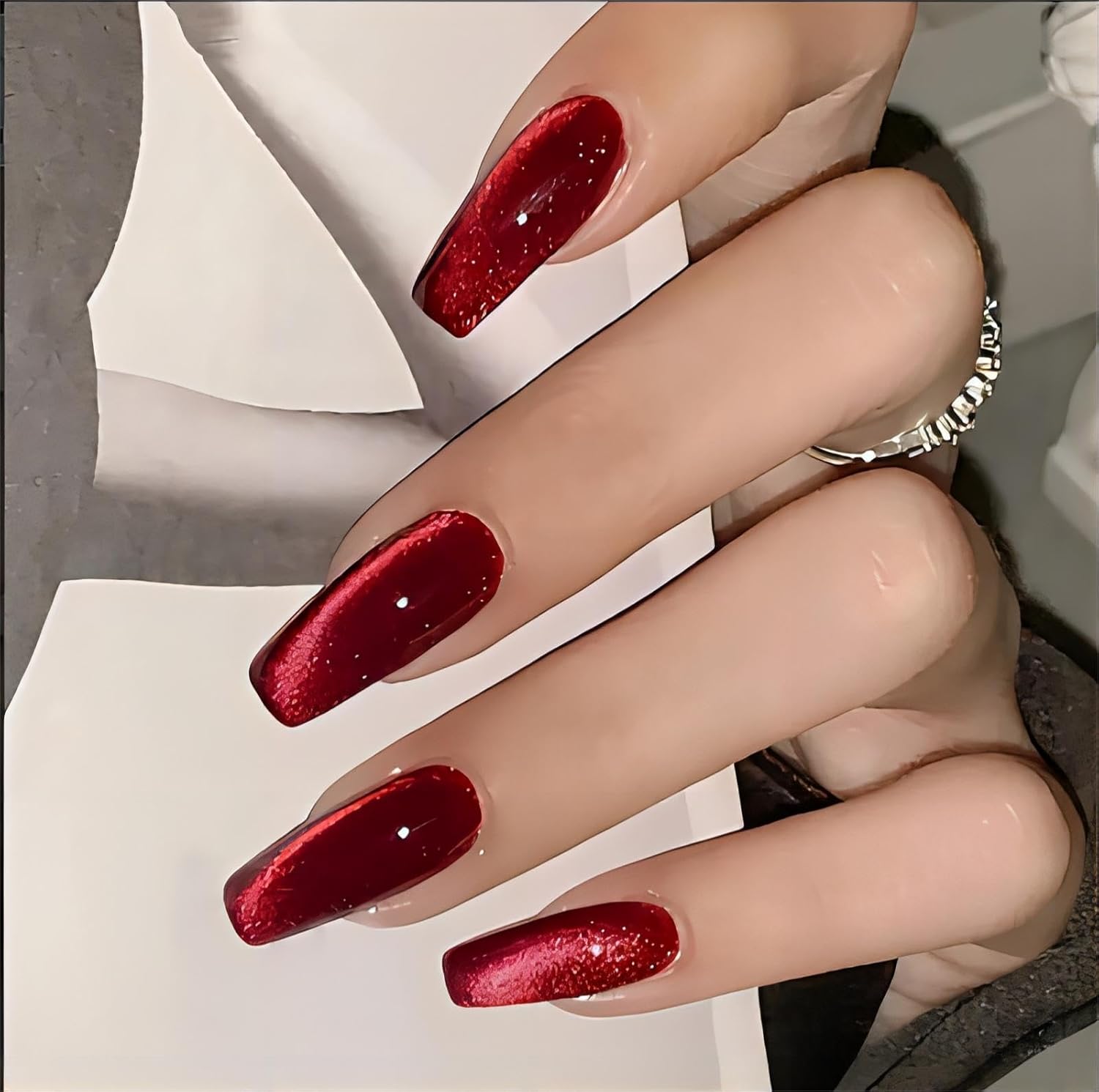 Red Press on Nails Coffin Shape Fake Nails Long False Nails with Cat Eye Design Glitter Glue on Nails for Women 24PCS 522 red 0.04 Fl Oz (Pack of 24) - Image 1