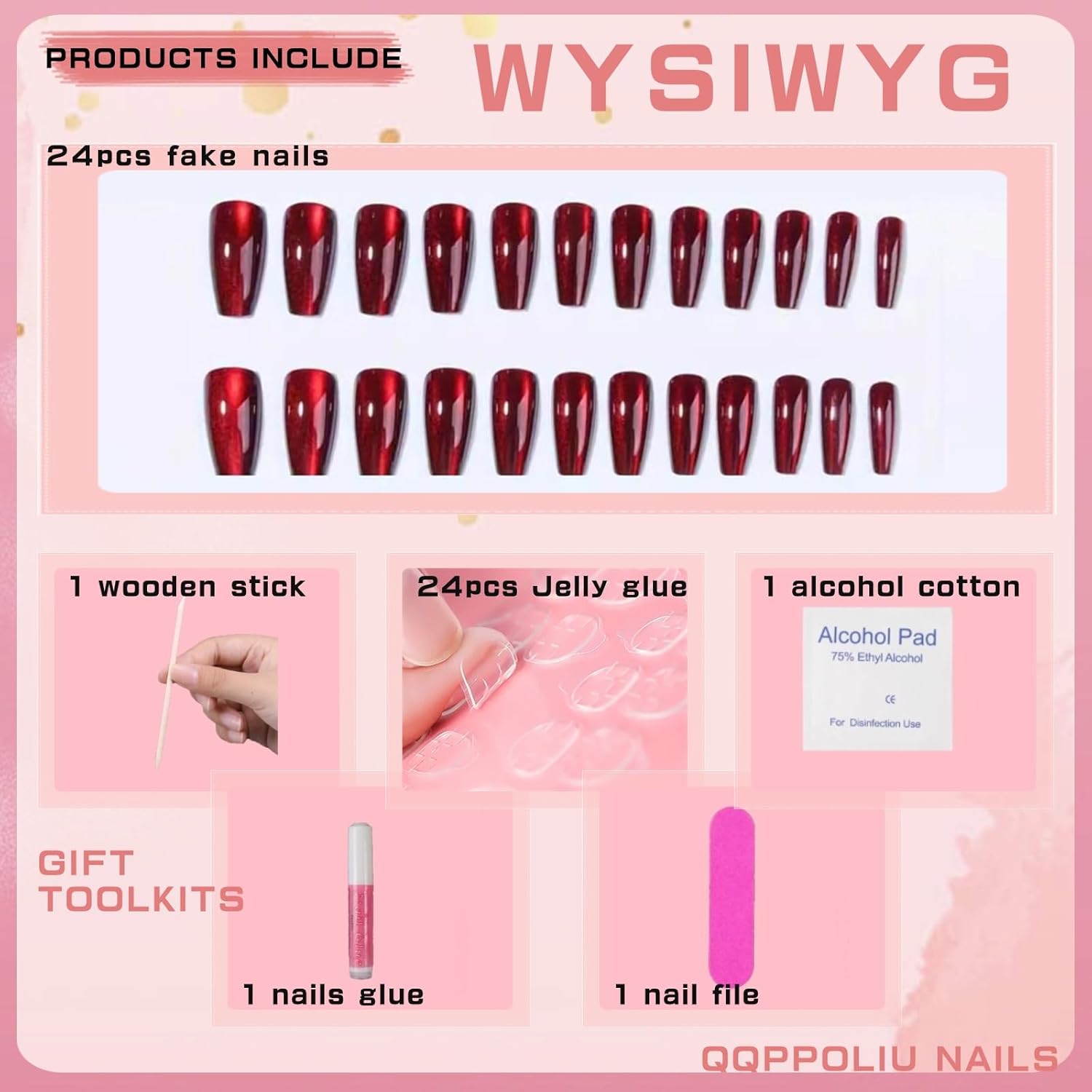 Red Press on Nails Coffin Shape Fake Nails Long False Nails with Cat Eye Design Glitter Glue on Nails for Women 24PCS 522 red 0.04 Fl Oz (Pack of 24) - Image 2