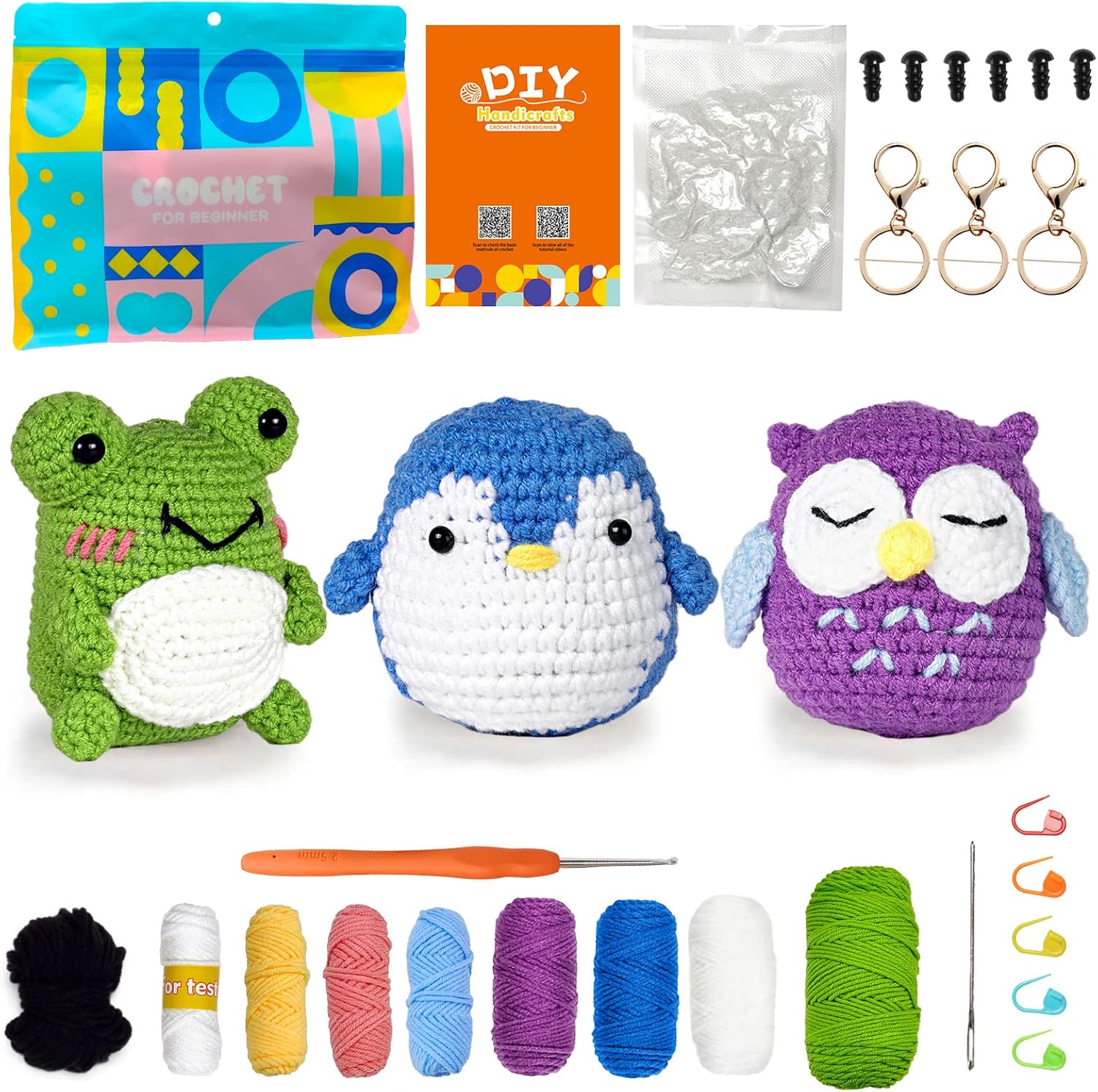 Crochet Kit for Beginners Pattern Animals Owl Penguin Frog with Yarn Hook Accessories - Image 1