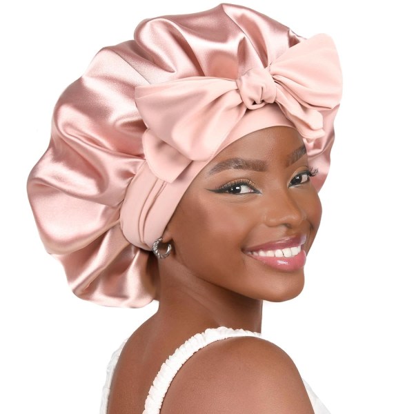 Satin Hat Silk Hat for Sleep Double Layer Satin Lined Hair Cap With Tie Caps For Women Naturally Curly Hair Pink - Image 1