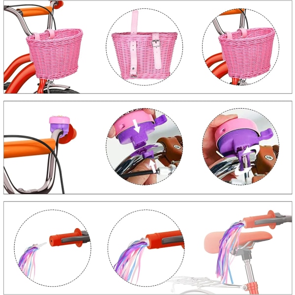 Pink purple children's bicycle basket with adjustable straps at the front - Image 3