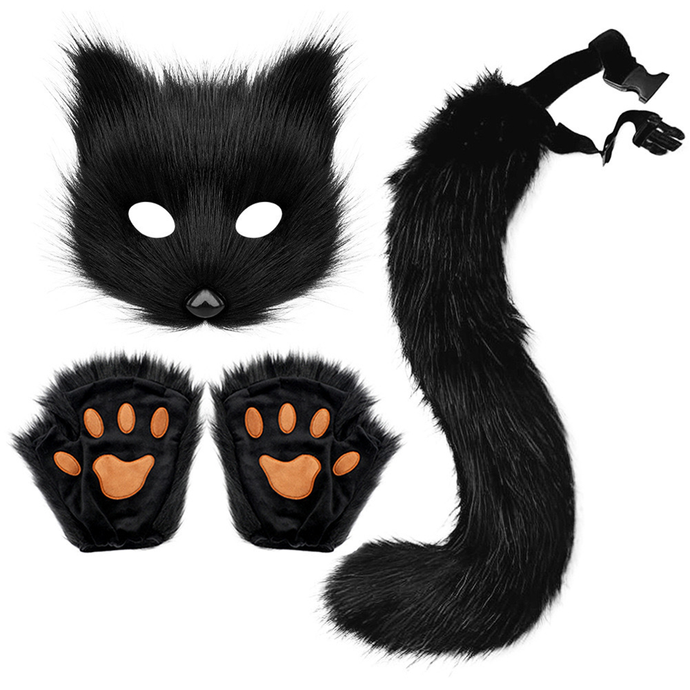 Therian Paws Fur Mask Tail Set Black Halloween Party Costume - Image 1