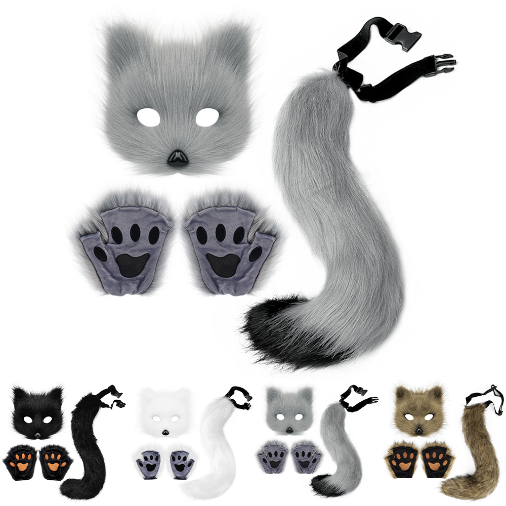 Therian Paws Fur Mask Tail Set Black Halloween Party Costume - Image 4