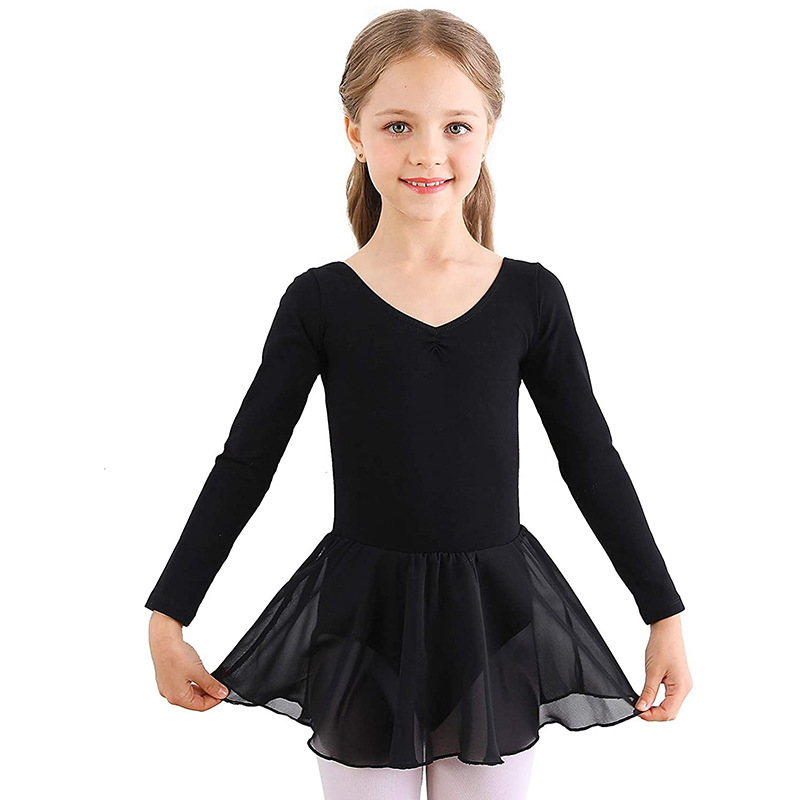 Black Ballet Dress for Girls with Long Sleeves Tulle Skirt Size 130 cm - Image 1