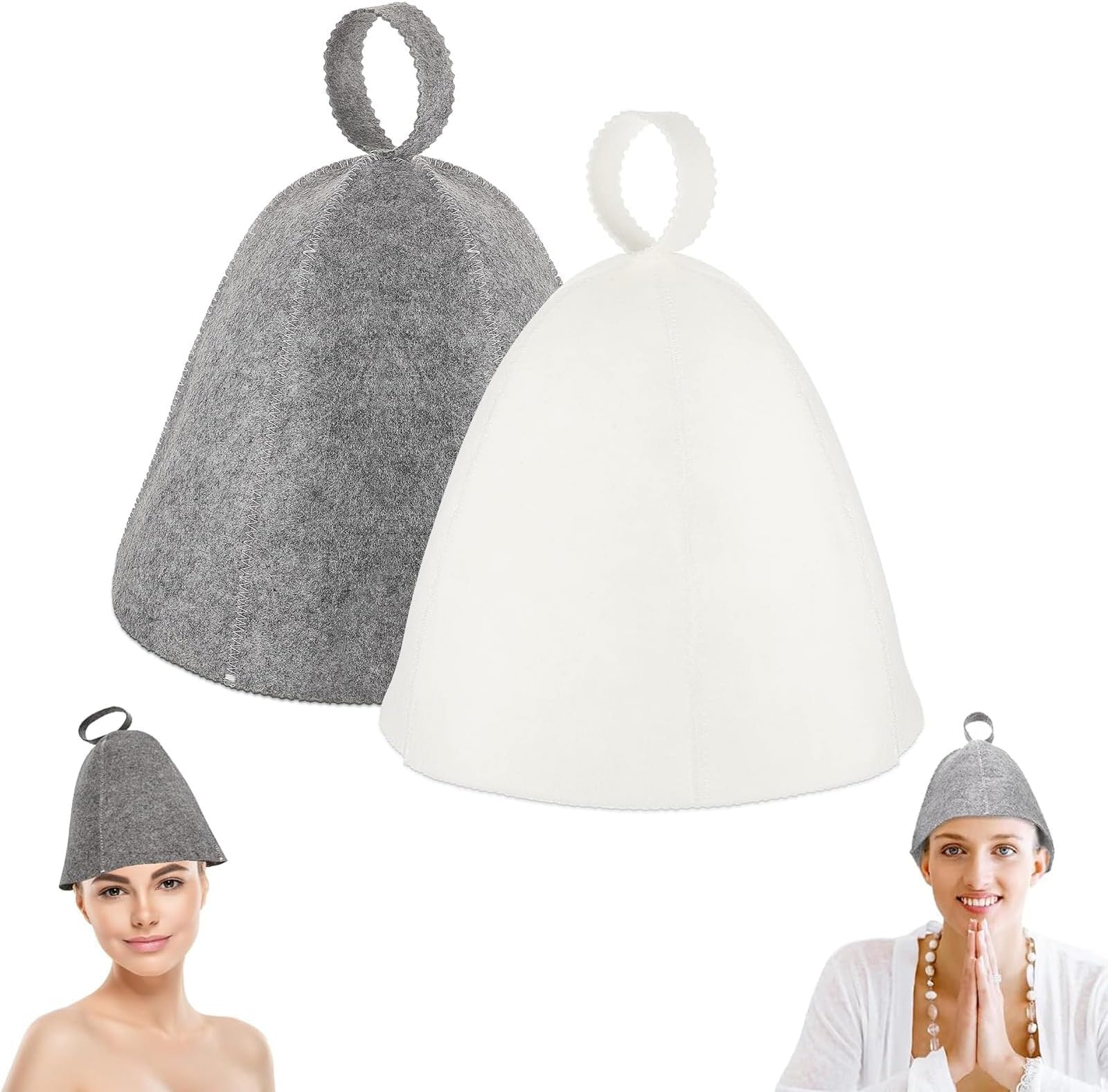 Felt Sauna Hat 2 Pack Natural Wool Comfortable Breathable Accessories Gray and White Jar - Image 1