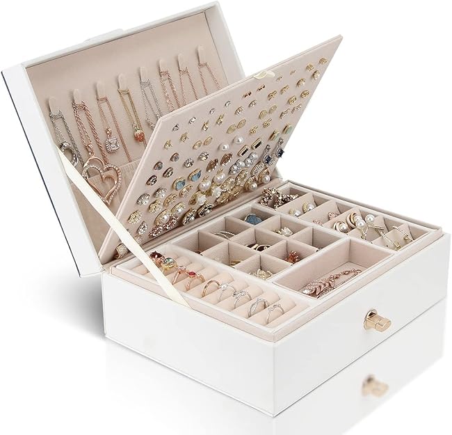 Jewelry Box Organizer for Necklaces, Earrings, Bracelets, Rings, Large PU Leather Jewelry Box with 3 Stackable Layers (White) - Image 1